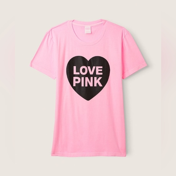 VS PINK Sweet Rosette Pink Originals Short Sleeve Campus Tee Oversized Large NEW - Picture 2 of 11